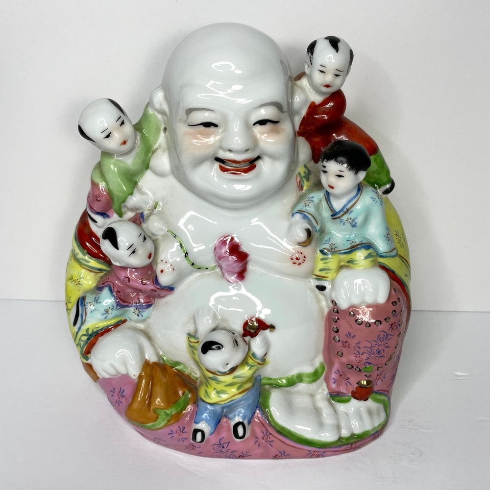 Vintage Laughing Buddha Chinese Family Porcelain Figurine